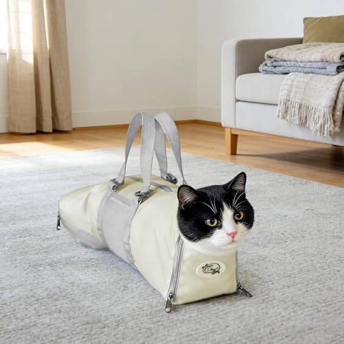 Image of Cinf Cat Nail Clipping Cleaning Grooming Restraint Bag （Free Muzzle） No Scratching Biting for Bathing Nail Trimming Injecting Examining((Beige Gray,M)
