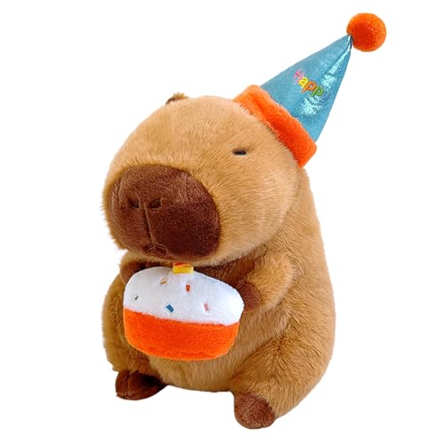 Ditucu Cute Capybara Plush with Happy Birthday Hat Holding Cake
