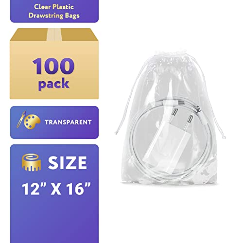 Apq Clear Drawstring Bags 12” X 16”, Pack Of 100 Waterproof Drawstring Gift Bags, 2 Mil Polyethylene Travel Shoe Bags For Packing, Shipping, Storage, Shoe Dust Bags With Double Cotton Drawstrings #TOP1