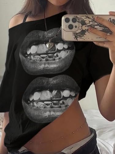 Image of SXV STYLE Casual Minimalist Lip Print Off-Shoulder Loose Short Sleeve T-Shirt