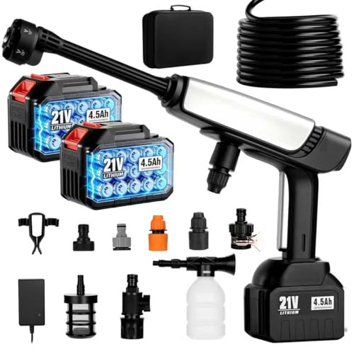 Cordless Pressure Washer Battery Powered,Portable Power Washer with 2pcs 4.5Ah 21V Battery&Charger & 6-in-1 Nozzle,2 Power Level & on/Off Button,Handheld Pressure Washer for Car,Home,Garden Patio