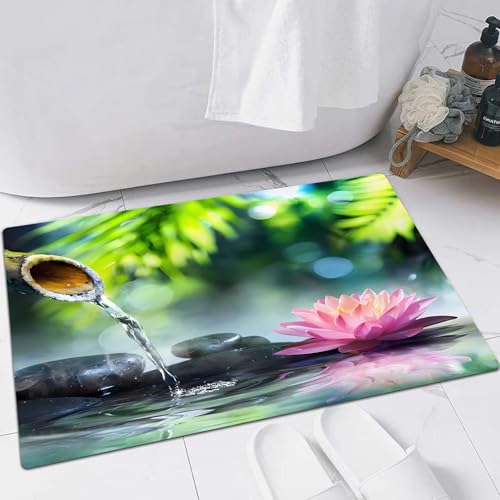 FSDGY Tapis de Bain,Tapis Salle de Bain Moelleux en Microfibre,Tapis de Douche Absorbant Lavable en Machine,Jardin Zen avec Pierres Noires et nénuphar Rose,40x60 cm