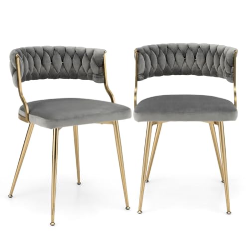 TANGZON Dining Chairs Set of 2, Velvet Upholstered Kitchen Chairs with Woven Backrest, Metal Legs & Adjustable Foot Pads, Reception Accent Chairs for Home Kitchen Dining Living Room Lounge (Grey)
