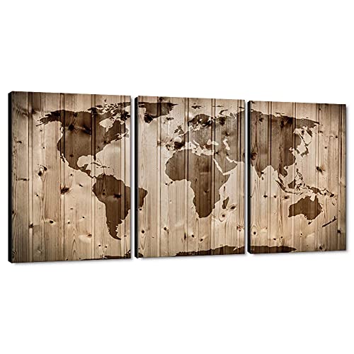 3 Panels Wood Grain World Map Canvas Wall Art Posters Contemporary Vintage World Map Prints Pictures Home Decor Artwork Living Room Home Office Decorations and Framed Ready to Hang - 72âW x 36âH