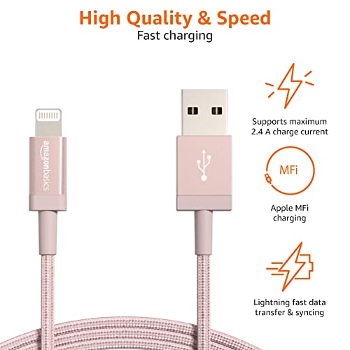 Image of Amazon Basics 2-Pack USB-A to Lightning Cable, Apple MFi Certified, Nylon Braided Cord for iPhone 14 13 12 11 X Xs Pro, Pro Max, Plus, iPad, Data Sync, High Speed Transfer, 6 Foot, Rose Gold