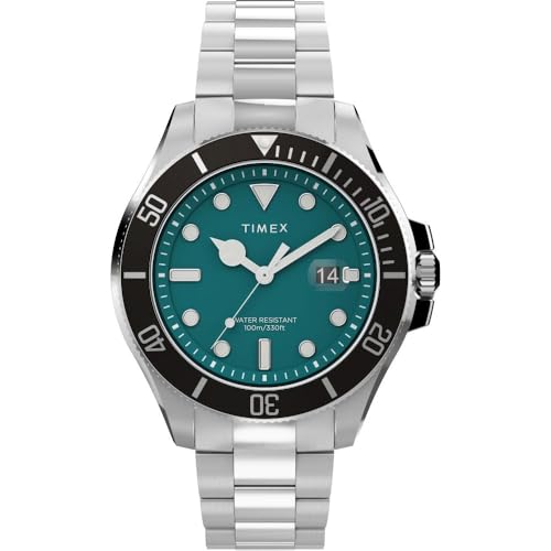 TIMEX Harborside Coast Analog Watch for Man with Green Round Dial & Silver Stainless Steel Bracelet Band Water Resistant Men's Wrist Watches - TW2V91900UJ