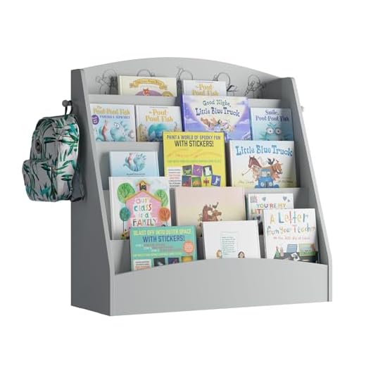NACHES Kinder Bücherregal mit 5 offenen Fächern und Haken, Kinderregal Holz, Montessori Aufbewahrungsregal für Kinderzimmer, 80x30x75cm (Grau)