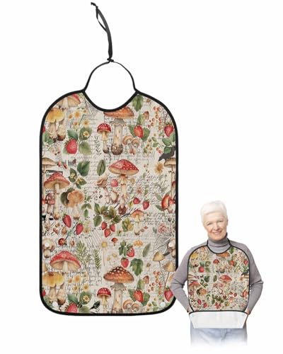 LEOKOTI Mushroom Adult Bibs for Eating, Waterproof Bibs with Food Catcher & Snap Closure, Pastoral Summer Botanical Watercolor Spring Floral Washable Clothing Protectors Adult Bibs for Elderly