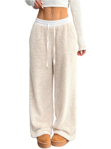 Image of ZAFUL Women's Fuzzy Plush Pajama Pants Wide Leg Pj Bottoms Lounge Pants | Soft Fluffy Sleep Pants Drawstring Elastic Waist Teddy Pjs for Women No Pockets