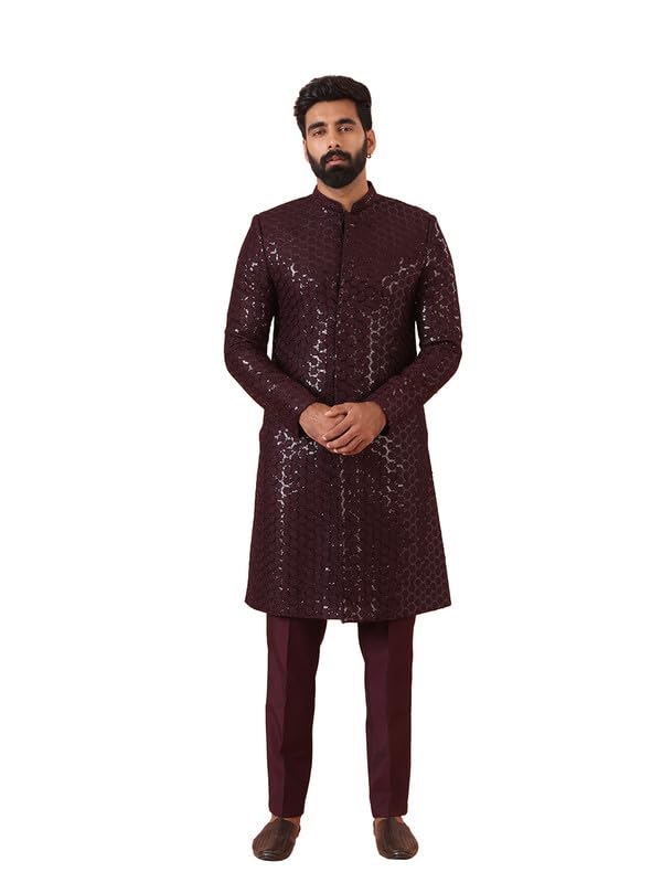Mens Indo-Western Sherwani Trouser Set|Blended Fabric Embellished Pattern Mens Ethnic Wear|Regular Fit Mandarin Collar Long Sleeves-image-20