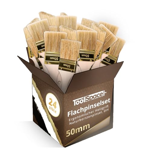 ToolSpace Pinselset Flachpinsel Set 24er Borstenpinsel 50 mm Flachpinsel-Set Naturborsten Pinsel Holz Griff Lackierpinsel Malerpinsel Lasurpinsel Streichen Wänden Malerbedarf Wandfarbe Streichpinsel