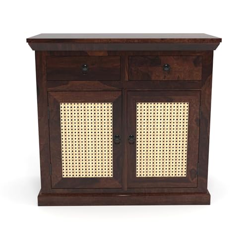 Image of Small Wooden Cabinet for Living /Dining /Drawing /Bedroom & Office with 2 Drawers & Doors | Solid Wood Sheesham | Walnut Finish | Design - Cane