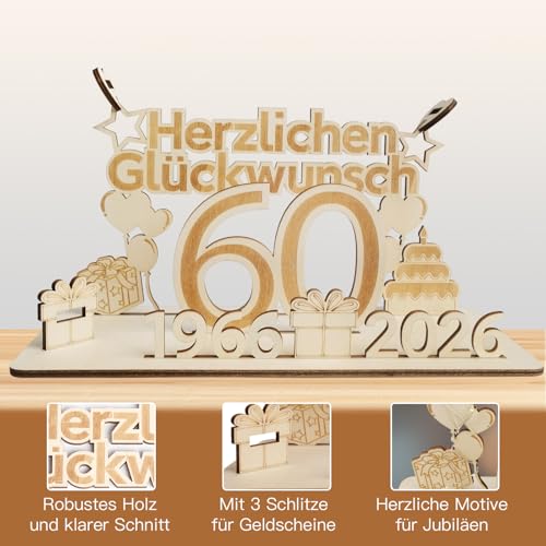 ARTREE 60 Geldgeschenke Geburtstag Frau Mann, 2026 Holz Schild Gästebuch mit LED Lichterkette, Personalisiertes Geschenke zum 60 Geburtstagszahlen, 60 Diamantene Hochzeit Deko, Herzlichen Glückwunsch