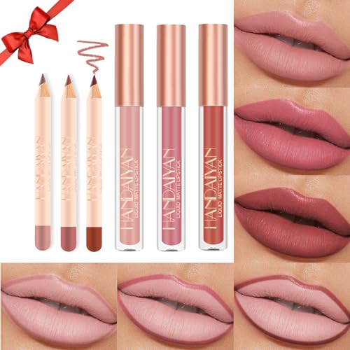 Desing Wish 6 Piezas Pintalabios Permanente Perfilador Labios Rojo Rosa Brillo Barra de Labios Labiales Mate Larga Duracion Labial Delineador Labios Lip Tint Lip Liner Kit Maquillaje Mujer Regalo