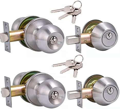 2 Sets All Keyed Same Entry Door Knob and Single Cylinder Deadbolt Combo Set, Satin Nickel Exterior Door Knobs with Lock and Keys for Entrance and Front Door
