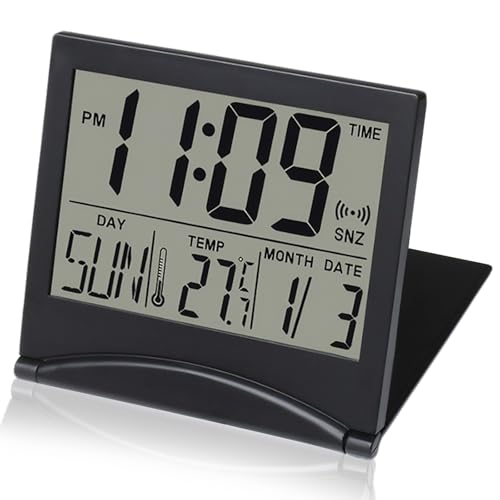 Hocklliy Travel Clock Travel Alarm Clock Small Digital Clock Foldable Travel Alarm Clocks Battery Operated with Date Day Temperature Display,Battery Alarm Clocks Bedside(Black)
