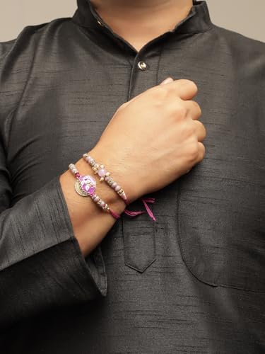 Image of Sukkhi Rakhi Beautiful Floral Design Purple Meenakari Work with AD Stones & Pearls Combo Rakhi For Brother with Roli Chawal & Greeting Card|Quirky Rakshabandhan Rakhi for Bhaiya|Set of 2|CBRAK107434
