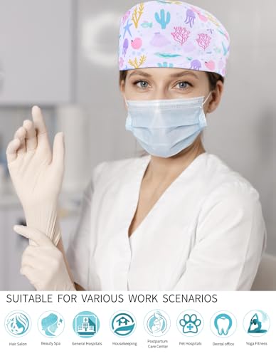 Starfish Jellyfish Print Surgical Scrub Cap for Women, Adjustable Medical Hat with Sweatband, Cartoon Animal Bouffant
