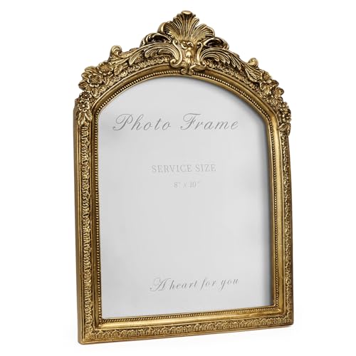 8x10 Picture Frame Antique Gold Frames, Vintage Gold Ornate Resin Photo Frame with Glass Front for Tabletop and Wall Mounting, Arch Picture Frame for Home Decor