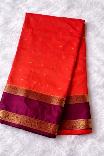 Image of Mysore Silk Crepe Saree, Orange with Bargandi Combination Border, Zari Butta, Soft and Silky, Semi Mysore Crepe