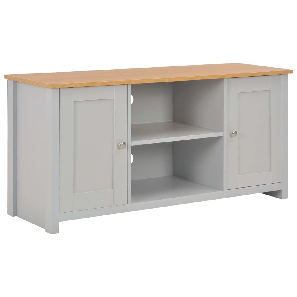 Szafka pod telewizor szara, imitacja naturalnego drewna, 120 x 39 x 58 cm, niska szafka z 2 drzwiami i 2 otwartymi półkami, meble multimedialne do salonu, kina domowego, przepust kablowy