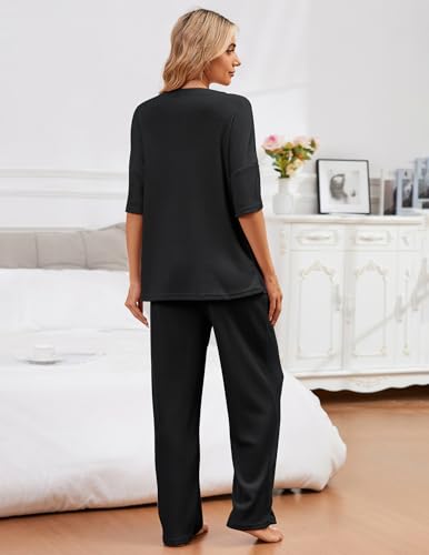 Image of JiniGolla Womens Pajama Sets Waffle Knit Short Sleeve Shirt with Long Pajama Pants Soft Sleepwear Pj Lounge Sets