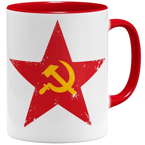 OM3 Soviet-Star Tasse à café avec symbole marteau et faucille - Étoile rouge - Design rétro - Tasse en céramique - 325 ml - Imprimé des deux côtés - Rouge