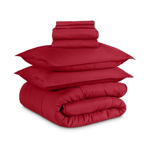 Bare Home Bed-in-A-Bag 7 Piece Comforter & Sheet Set - Queen - Goose Down Alternative - Ultra-Soft 1800 Premium - Bedding Set (Queen, Red/Red)