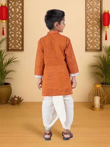 Image of Kids Ethnic Wear - Stylish Half Printed & Vibrant Color Pure Cotton Kurta with Elastic Waist Dhoti Set for Boys