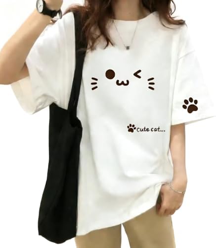 YUCHENG Women's Short Sleeve T-shirt, Loose, Cotton, Round Neck, White T-Shirt, Big Silhouette, Cut and Sew, Casual, Cute, Fashionable, Large Size, Summer Clothing