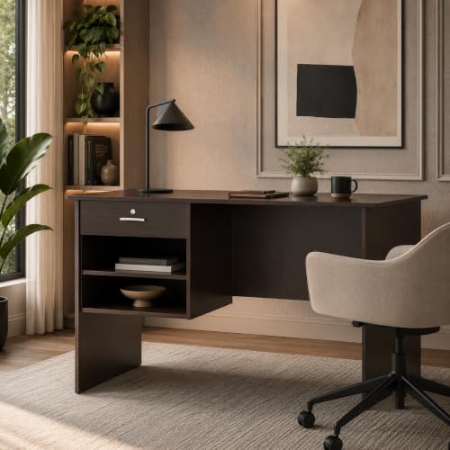 Image of 116x75x56CM Engineered Wood Verto Study & Office Table with Smooth Lockable Drawer and 2 Shelves for Storage | Sturdy DIY Counter, Commercial Table- Wenge