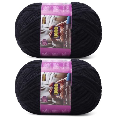 Image of Chunky Chenille Yarn for Crocheting, Black Fluffy Blanket Yarn for Crochet | 2 Pack of 175 Yds, 7.05 Oz Fuzzy Thick Velvet Yarn for Crocheting Plush Soft Crochet Yarn for Knitting Blankets, Amigurumi