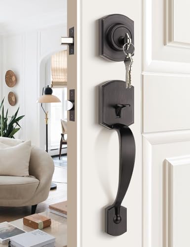 Image of Tinewa Camelot Front Door Handle and Deadbolt Set, Front Door Lock Set, Oil-Rubbed Bronze Finish, Upgated Entry Door Handle with Accent Wave Door Lever with Reversible Handle Lever, 1 Pack