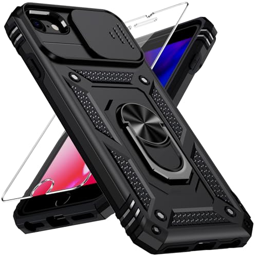 Weycolor for iPhone SE 3rd Generation / 2nd Generation Case, iPhone SE 2022/2020, iPhone 8/7/6 Case with Slide Camera Cover HD Screen Protector Heavy Duty Kickstand Phone Case,Black
