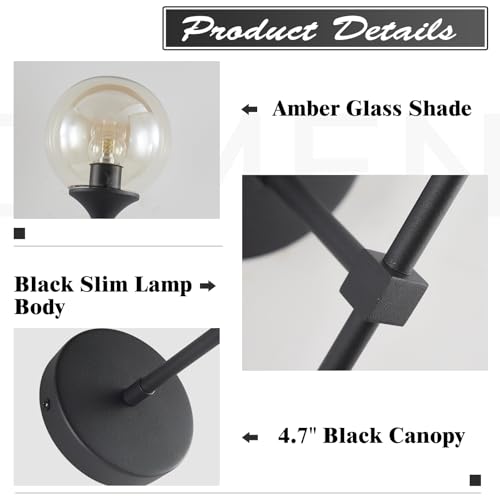 Image of KCO Lighting Mid Century Modern 1-Light Wall Sconce Lighting Set of Two Matte Black Globe Vanity Wall Light Fixture Set of 2 Amber Glass Bathroom Wall Lamp Industrial Long Pole Wall Sconce