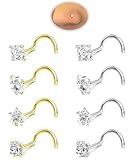 8Pcs 20G Nose Rings Studs Set for Women Men - Hypoallergenic Gold/Silver 316L Surgical Stainless Steel Nose Studs Corkscrew Body Piercing Jewelry Round/Square/Star/Heart Cubic Zirconia 3MM Nose Ring