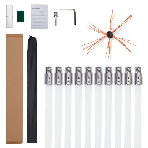 IDEALHOUSE 2024 New 34 Feet Chimney Brush, Ergonomic Chimney Cleaning Kit, Rotary Chimney Cleaning System Driven by Drill, Single Brush Head, with 10 Flexible Chimney Rods