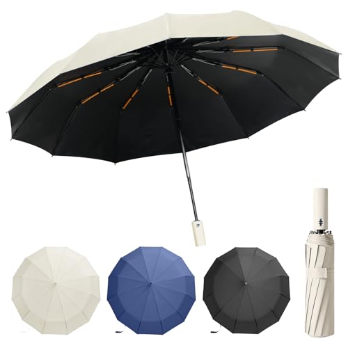Umbrella Windproof Strong Compact Folding Portable,Extra Large Automatic Open & Close Rainproof with UV Protection,Sturdy Durable Umbrella with 12 Ribs,99 UV Protection UPF 50 (Beige)