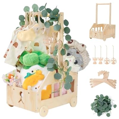 Cesta Madera Baby Shower Regalo Bebé Recién Nacido Niño Niña Armario Bebe Regalos para Baby Shower Bañera para Bebé con Ruedas Vacia Cesta de Madera con Hojas Decorativas Etiqueta de ángel y Perchero | Ya disponible en tu tienda friki favorita! En mundofriki.es!