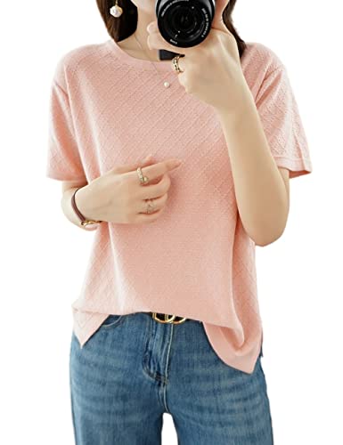 Image of Womens Short Sleeve Sweaters Tops Summer Thin Pullover Cotton Knit Shirt Crew Neck Lightweight Pointelle Blouse