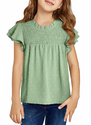 Girls Shirts Pleated Crewneck Ruffled Short Sleeve Tops Cute Swiss Dot Blouse