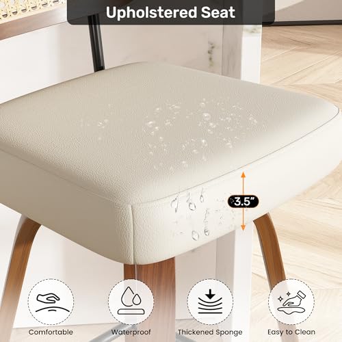 Image of Swivel Bar Stools Set of 1, 26 inch Upholstered Faux Leather Counter Height Barstools with Rattan Back & Bentwood Legs, Mid Century Modern Bar Chairs Island Stools for Kitchen Counter, Cream White