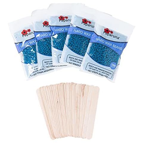 Multi Pack Paparuna Azulene Hard Wax Beans, Five 100g bags, Wax Warmer Beads and pack of wooden spatulas - For Hair Removal, Bikini, Body,Legs,Back,Face,Chest,Facial,Eyebrows, Nose,Brazillian Cover