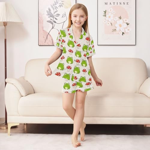 senya Mushroom Cute Frog Satin Summer Pajama Sets Silk Short Sleeve Button Down Sleepwear4