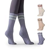 LOOMPOP 3 Pairs Boutique Cushioned Pilates Socks, Soft Cotton Non-Slip Grip Yoga Socks for Women, Cute & Durable for Home & Wood Floors (3 Pairs-white/Purple/Beige)