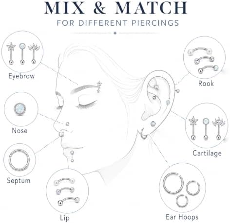 16G Rook Eyebrow Piercing Jewelry Surgical Steel Set - 3