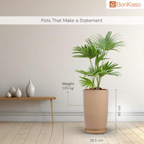 Image of BonKaso 18 inch Beige Flower Pot - Tall, Durable & Lightweight Polymer Tower Planter for Indoor & Outdoor Use: Home, Office, Garden & Balcony (Gamla /Gamale)