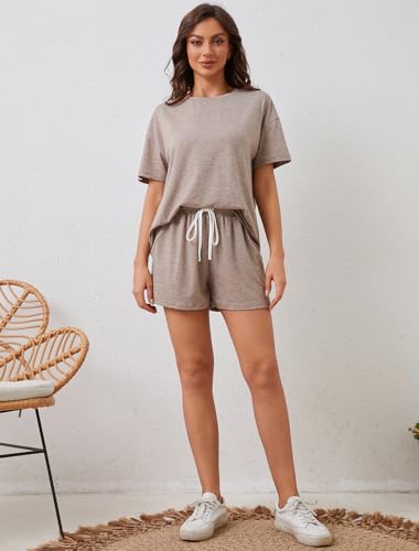 Image of LOCUBE Women's Pajama Set Soft Comfy 2-Piece Short Sleeve Lounge Sleepwear with Drawstring Shorts and Pockets