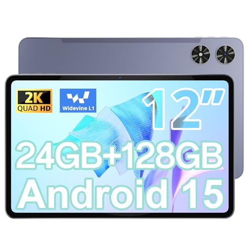 SVITOO Tablet 12 Pulgadas, Android 15, Pantalla Ancha 2K Full HD (2000x1200), 24GB RAM (6+18) + 128GB ROM, Octa-Core, Cámara 13+5MP, 8000mAh, Widevine L1, Wi-FI 2.4G/5G, BT 5.0, GPS