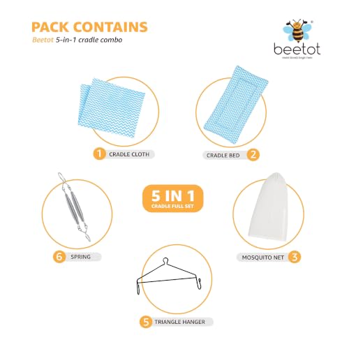 Image of Premium Swing Cradle Set | Cradle Cloth, Padded Bed, Mosquito Net, Heavy-Duty Spring & Triangle Hanger | Up to 15 kg | Blue